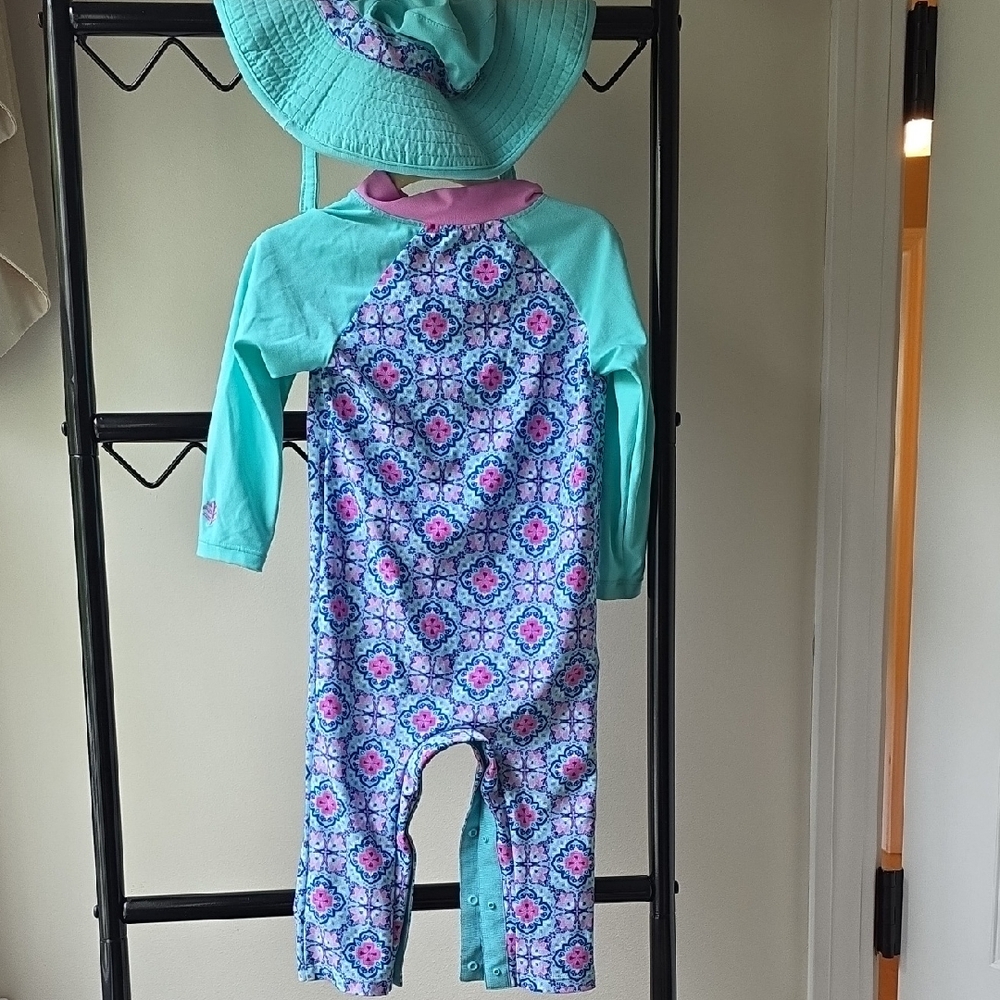 Coolibar Pink and Blue Baby Romper with Hat